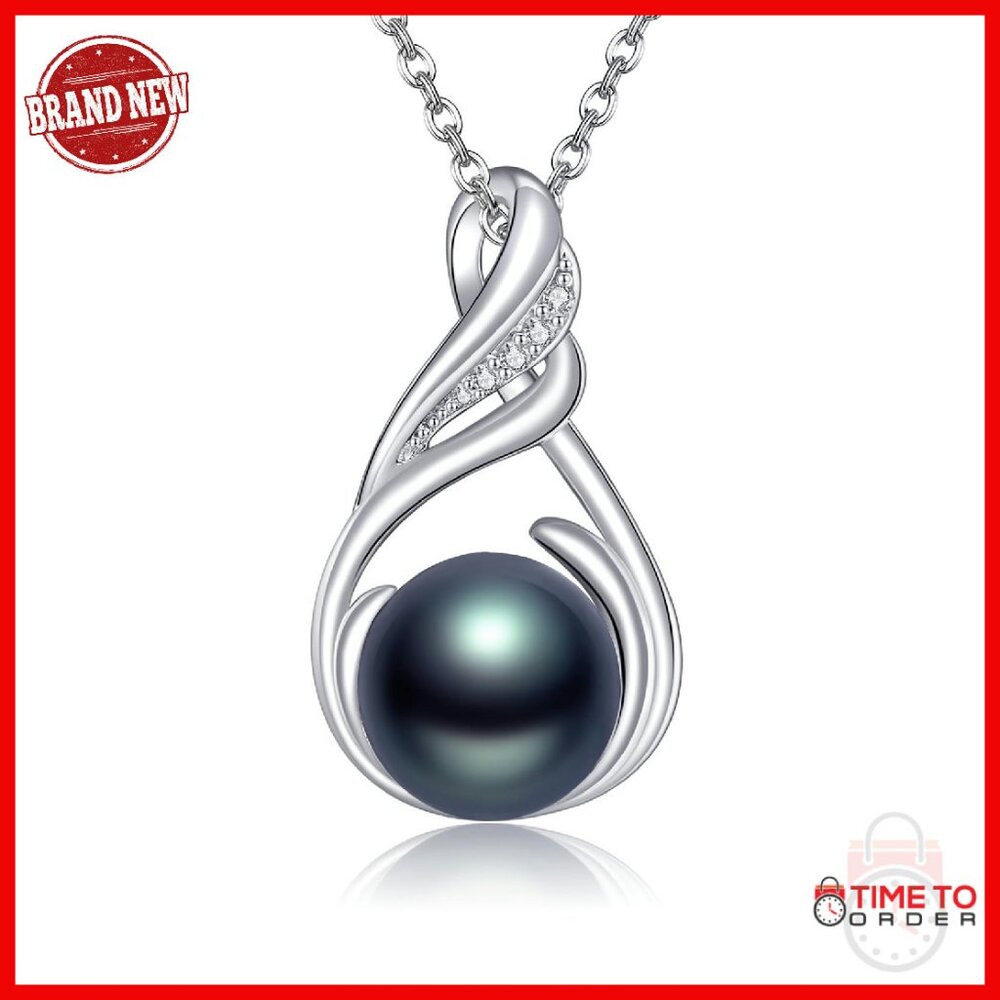 925 Sterling Silver Black Pearl Pendant Necklace 18+2 Inch Chain